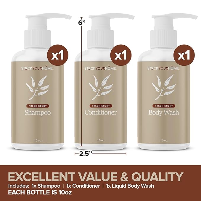 Shower Essentials Set for Men and Women, 3 Piece Shampoo Conditioner and Body Wash Set, 10 oz Bottles, Guest Bathroom Toiletries for Hotels and Rentals