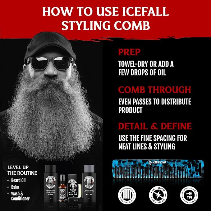 Mad Viking ICEFALL Beard & Mustache Premium Styling Comb – Anti-Static Grooming Tool– Durable and Travel-Ready – Smooths & Distributes Oils for Strong, Tames Flyaways
