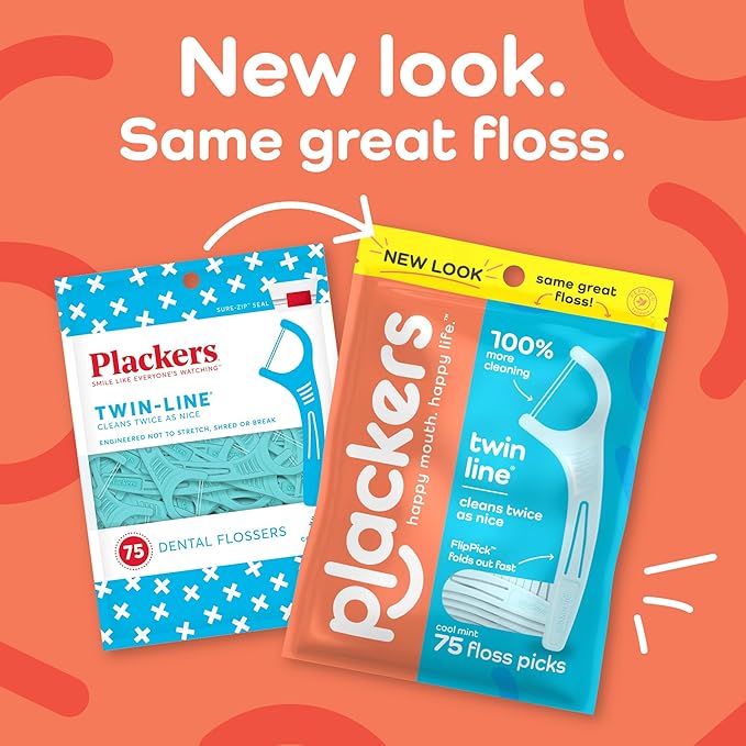 Plackers Twin Line Dental Floss Picks, Dual-Line Tuffloss, Easy Storage, Cool Mint Flavor, 75 Count (Pack of 4)