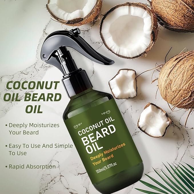 Coconut Oil Beard Spray for Men, 150ml Lightweight Beard Growth Oil with Vanilla Orchid - Fast-Absorbing Leave-In Conditioner to Soften, Moisturize & Tame Facial Hair, Beard Detangler Travel Size