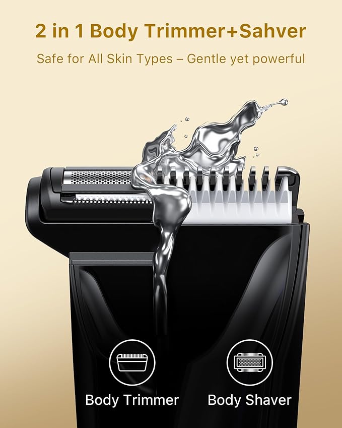 Men’s 2-in-1 Body Groomer Kit, Electric Body Trimmer for Face, Intimate Areas, Wet/Dry Use, Anti-Slip Grip, LED Light, Cordless Hair Shaver for Men, Ideal for Travel & Daily Grooming