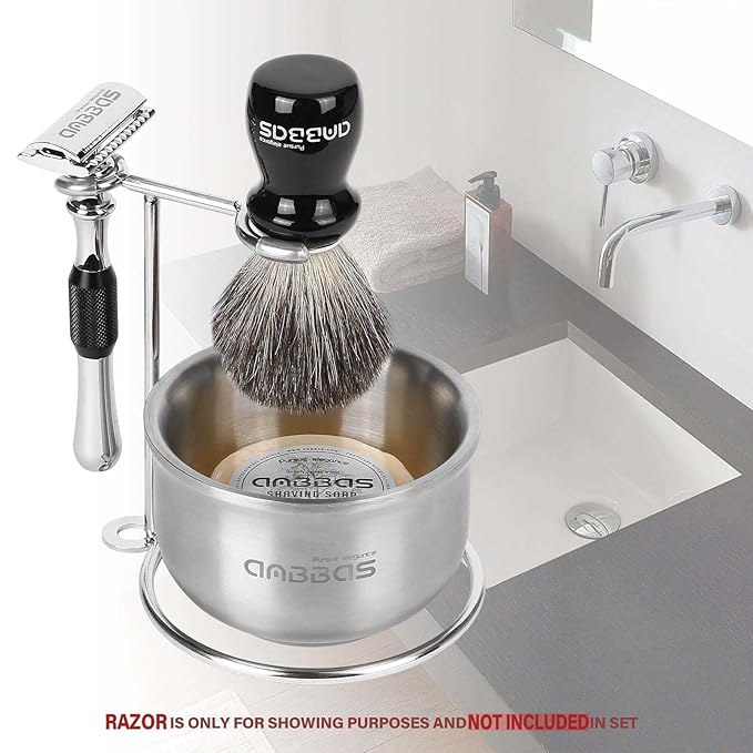 Anbbas Badger Hair Shaving Brush,Stainless Steel Stand Holer for Razor and Brush, Shaving Soap and Bowl,4in1 Kit for Men Wet Shave