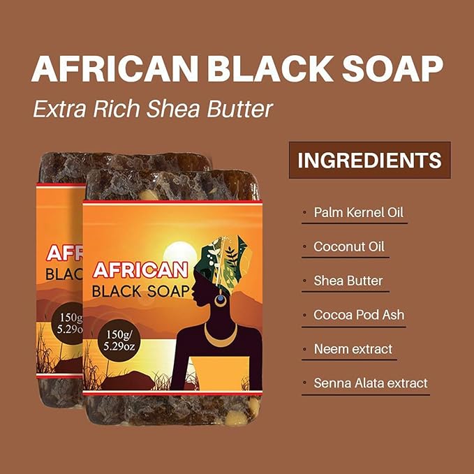 Organic African Black Soap Bar, Natural Black African Soap Bar, Raw Body Exfoliator and Facial Cleanser, Face Body Wash, Fresh Daily Bath Soap for Men Women