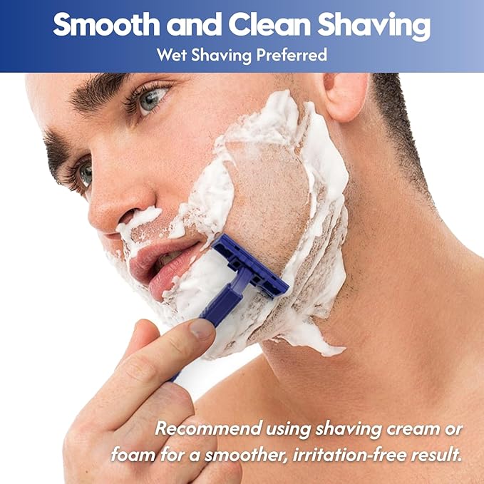 Twin Blade Disposable Razors for Men & Women – Bulk 60 Pack Stainless Steel Shavers with Lubricating Strip, Safety Cap & Non-Slip Handle for Sensitive Skin, Travel, Hotel, Charity – Blue