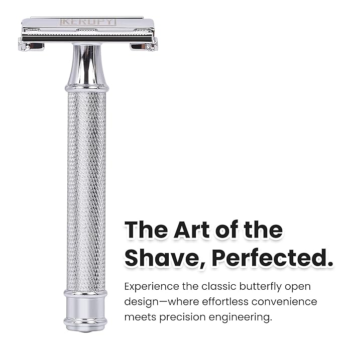 Safety Razor for Men, Premium Stainless Steel Butterfly Open Comb DE Razor, Weighted Heavy Handle with 10 Double Edge Blades, Mirror Polished Silver - Luxury Gift Set for Dad, Groom