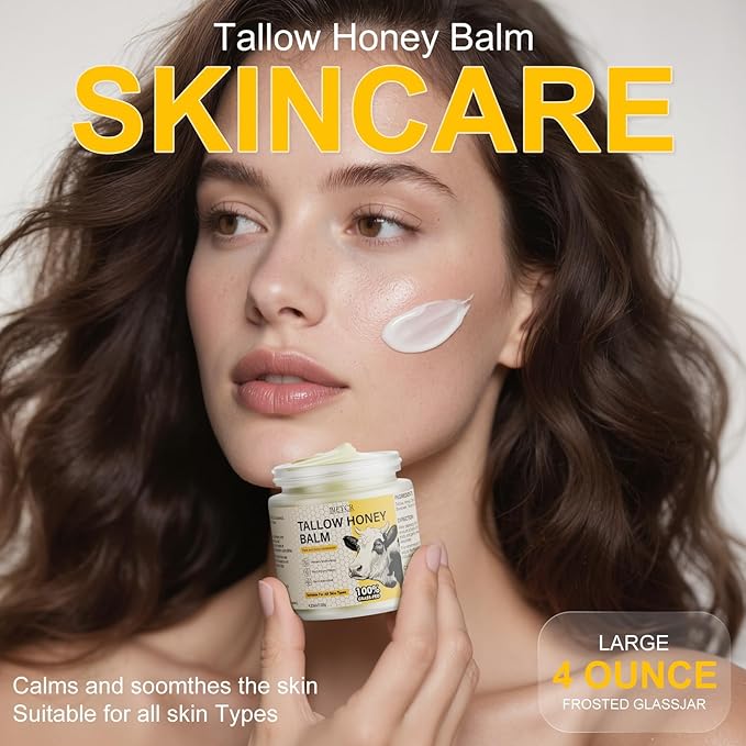 Beef Tallow for Skin,Body,Tallow Face Moisturizer for Eczema,Lip Balm,Whipped tallow honey balm,Organic Grass-Fed,All Natural Body Lotion for Women & Men,Tallow Cream Skincare,Unscented 4.2 OZ