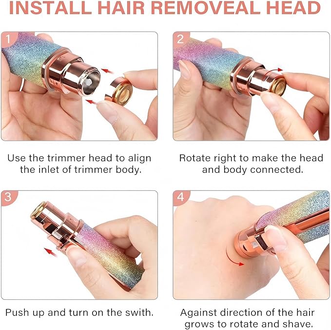 Facial Hair Remover for Women, Rechargeable USB Beauty Tool with Dual Replaceable Blades, Rainbow Glitter Rose Gold Design, Precision Grooming for Brows & Face, Colorful