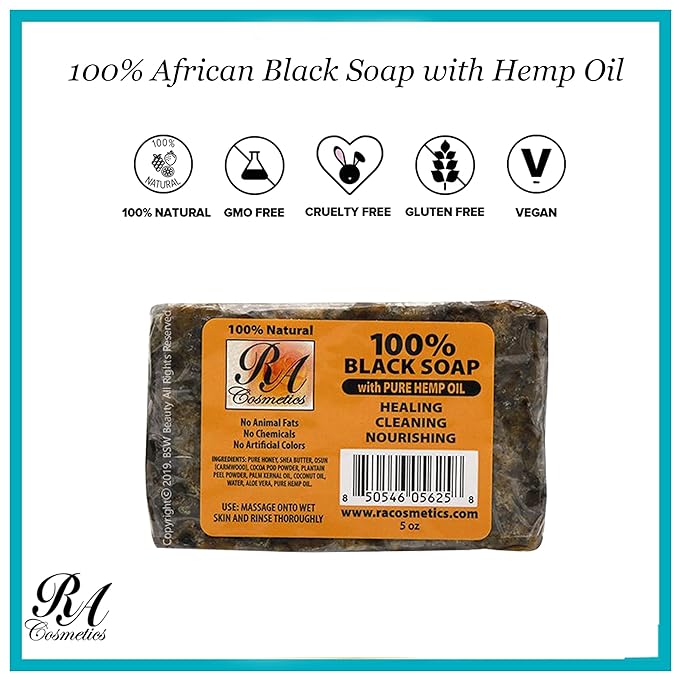RA COSMETICS 100% African Black Soap With Hemp Oil 5 oz