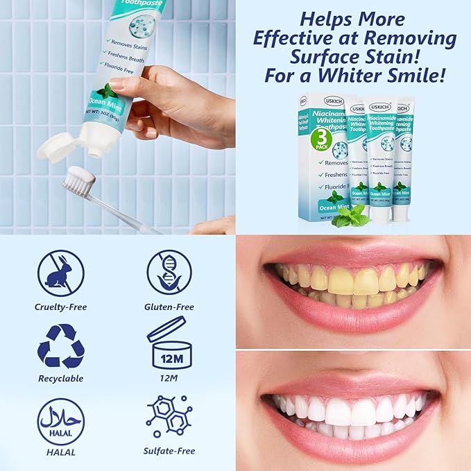 3 Pack Niacinamide Whitening Toothpaste,Natural Whitening Fluoride Toothpaste, Nicotinamide White Toothpastes with Ocean Mint,Deep Cleaning Care,3 Oz Tubes