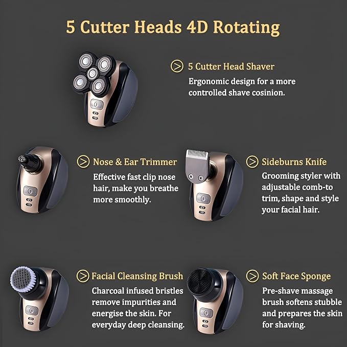 Five in one Razor USB Charging Cable, Instruction Manual, Cleaning Brush, Silicone Head, Barber Head, face wash Head, Nose Hair Device, Shaver 5 Knife Head, Limit Comb