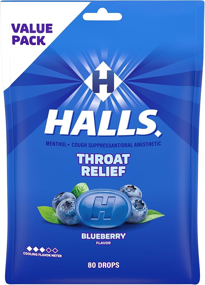 Halls Throat Relief Blueberry Cough Drops, Value Pack, 80 Drops