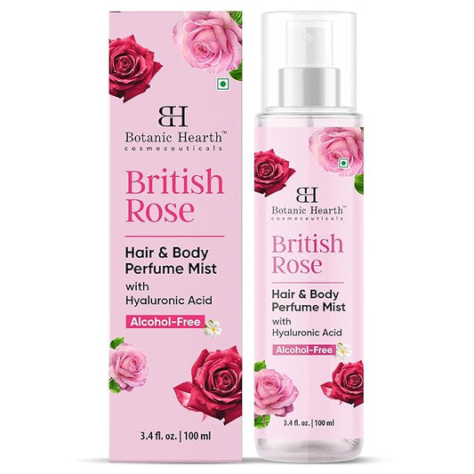 Botanic Hearth British Rose Hair Perfume & Body Perfume Mist with Hyaluronic Acid, Alcohol-Free, Refreshing & Hydrating Body Spray, Long Lasting Floral Fragrance, 100 ml / 3.4 fl oz