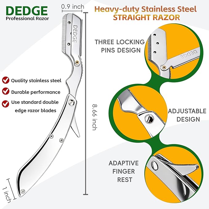 DEDGE Professional All Stainless Steel Straight Razor-Double Edge Razor Barber Beard Shaver with 10 Double Edge Blades for Barber Personal Grooming