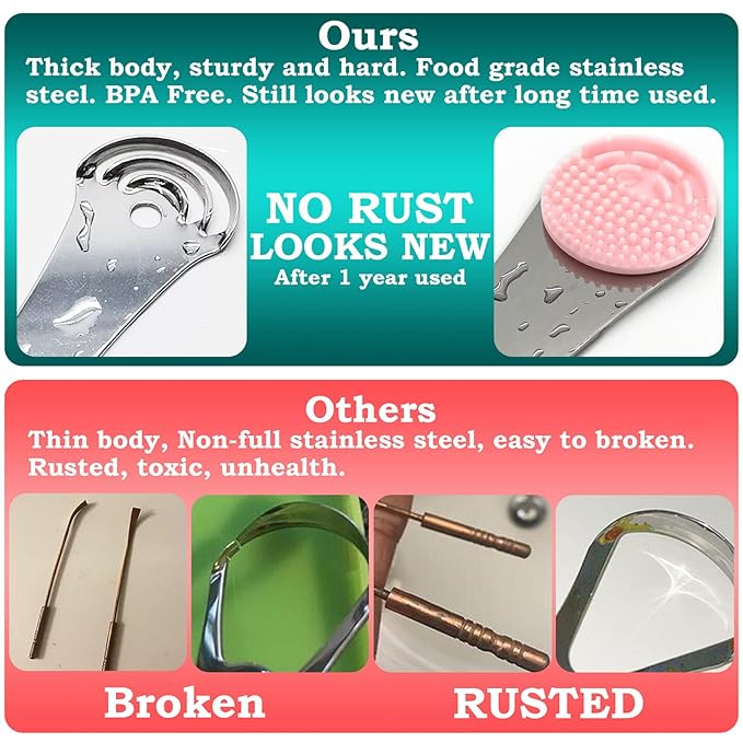 MOOSEC Tongue Scraper for Adults&Kids, Durable Food Grade 2 in 1 Silicone Tongue Brush and 100% Stainless Steel Tongue Scrapers, Reduce Bad Breath