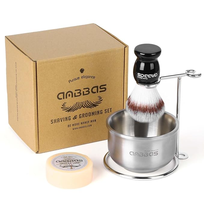 Anbbas Synthetic Badger Shaving Brush,Stainless Steel Shaving Razor and Brush Stand and Lathering Foam Bowl,3.5 oz Natural Shaving Soap Puck Refill for Men