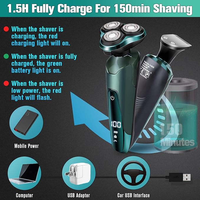 Electric Razor for Men, 3-in-1 Shaver with Floating Blades for Nose Hair &Sideburns,Replacement Blades, Pop-up Trimmer, IPX7 Waterproof, Travel Lock, Wet & Dry Use, Face Shaving Grooming Travel Kit