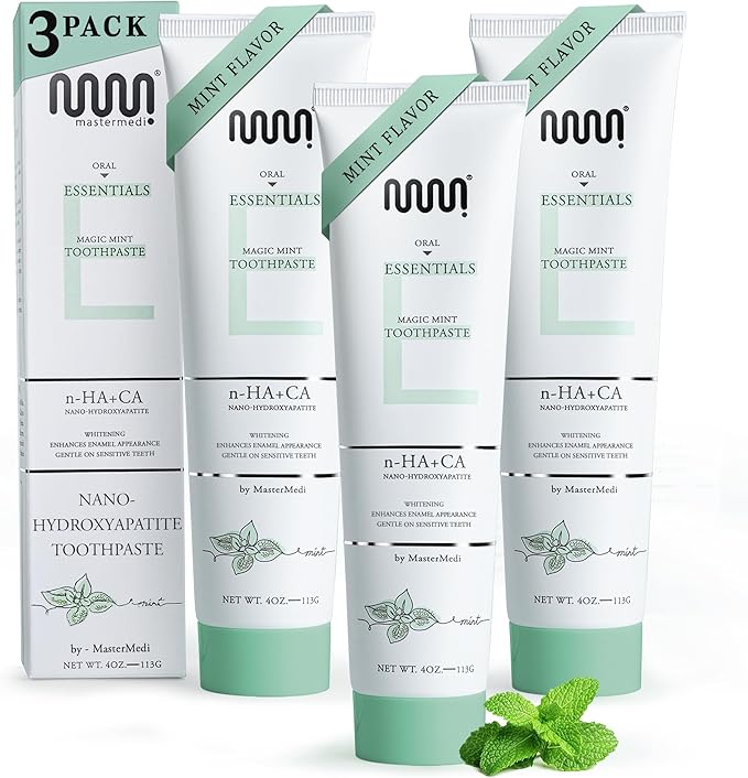 MasterMedi Nano Hydroxyapatite Whitening Toothpaste with Xylitol – Fluoride & SLS Free, Remineralizing Formula for Sensitive Teeth, Enamel Repair & Strength, Magic Mint, 4 oz (Pack of 3)