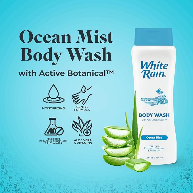 White Rain Ocean Mist Body Wash for Men & Women, 12 fl oz - Moisturizing Shower Gel Body Wash for Women & Men - Paraben-Free, Gentle Cleansing with Aloe & Vitamins for Soft Skin
