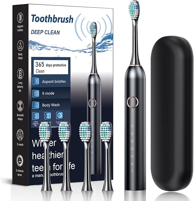 Electric Tootbrush for Adults, 6 Cleaning Modes Sonic Toothbrush with 4 Brush Heads, 45000 VPM, IPX7 Waterproof Rechargeable Toothbrushes Built-in 800mah Battery (Black+4 Brush Heads)
