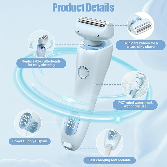 Electric Shaver for Women, 2 in 1 Wet & Dry Silk Glide Pro Shaver with 2 Removable Heads, Rechargeable Electric Trimmer for Bikini, Pubic Hair, Legs, Body, IPX7 Waterproof