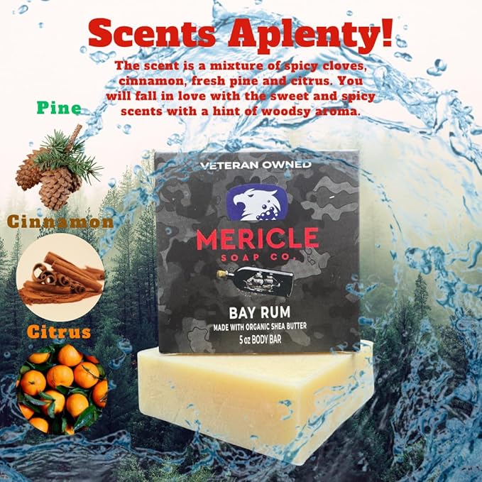 Mericle Soap Bay Rum Organic 5oz Body Bar | Veteran Owned | Traditional Cold Process Technology | Natural Ingredients | No Harsh Chemicals | Exfoliating | Made in the USA