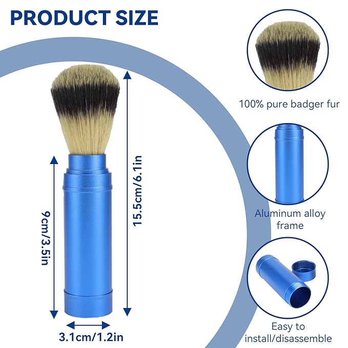 2PCS Travel Shaving Brush, Badger Hair Shaving Brush Aluminum Portable Facial Foaming Grooming Tool for Men Shave Beard Bathroom Supplies