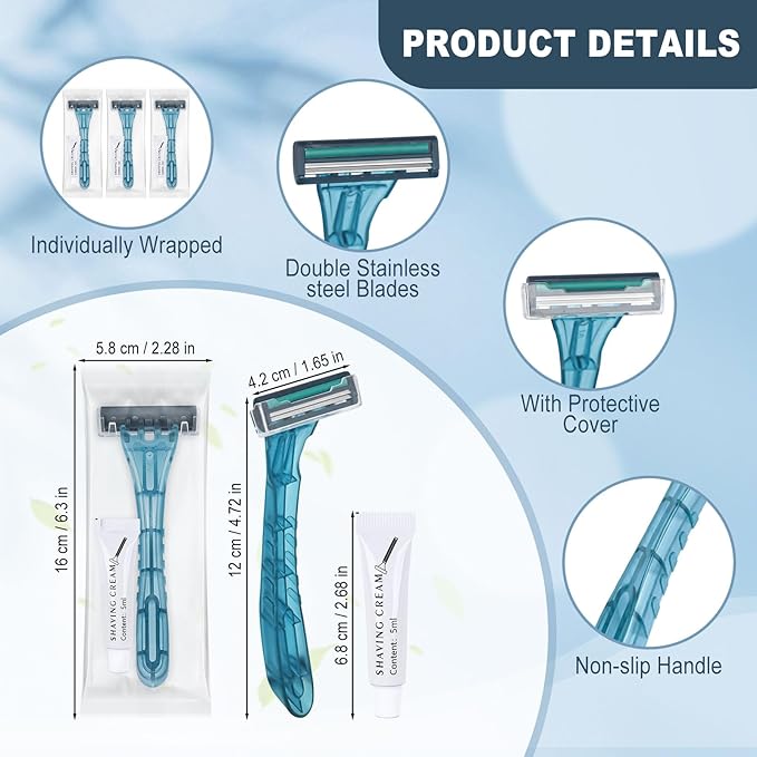 Disposable Razors Bulk, Blue Razors Individually Wrapped Bulk, With Shaving Cream For Hotels, Shelters, Homeless, Nursing Homes, Charities, Churches (60-PACK)