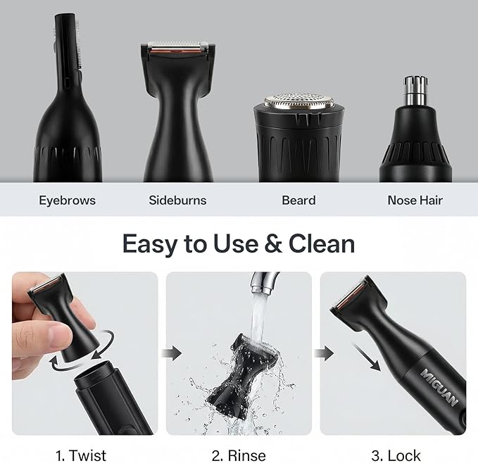 Rechargeable Nose Hair Trimmer - 4-in-1 Ear Eyebrow Beard Grooming Kit for Men & Women, Waterproof Quiet Motor, Type-C Fast Charging, Portable Travel Size Nose Trimmer Beard Trimmer (Black)