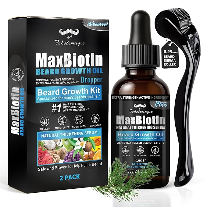 Biotin Beard Growth Kit for Men with Conditioning Oil and 0.25mm Massager Roller, Cedar Serum with Castor and Jojoba Oil, Grooming Softer Thicker Healthier-Looking Mustache Beard Care
