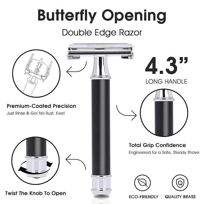 Mens Safety Razor, Black Matte Finish Heavy Weight DE Safety Razor for Wet Shaving, includes 10 Keropy Blades - Vintage Classic Design, Non-Slip Handle - Ideal Gift for Men, Father's Day, Birthday