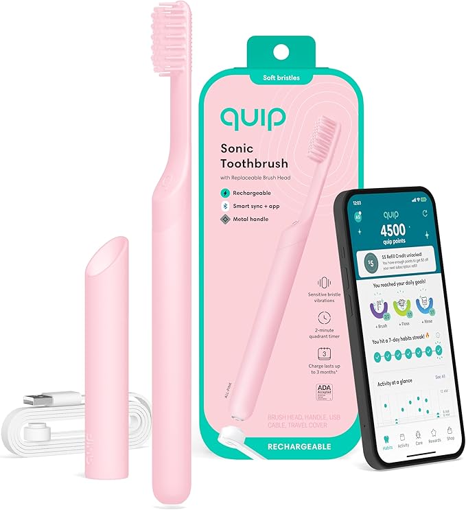 Quip Rechargeable Smart Sonic Toothbrush for Adults - Timed Electric Toothbrush with Bluetooth & Rewards App - Replaceable Brush Head, Soft Bristles, Metal Handle - Travel Toothbrush - All-Pink