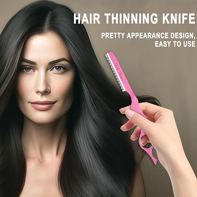 Hair Razors For Cutting Hair 7" Mental Thinning Styling Razors with 10 PCS Sharp Stainless Steel Blades Professional Hairs Styling Tool for Salon and Home (Pink)