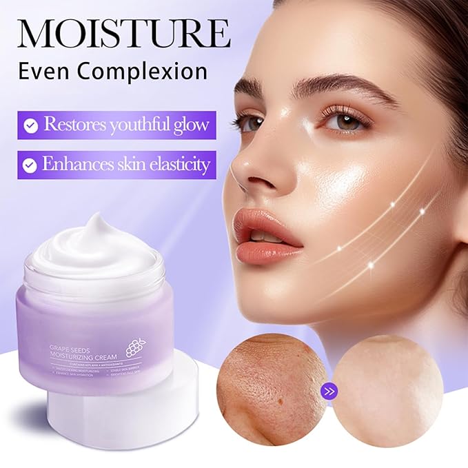 Grape Seed Face Cream - 1.76oz Anti-Aging Moisturizer with Vitamin E & Hyaluronic Acid, Deep Hydration for Dry Skin, Wrinkle Reducing Night Cream, Non-Greasy Formula for Women & Men