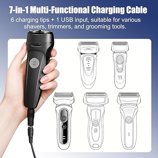 Shaver Trimmer Charger Cord Replacement,Compatible with Electric Hair Clippers, Beard Trimmers Charger, Shavers, Beauty Instruments. – 7-in-1 USB to DC 5V Charging Cable 6 Charging Tips