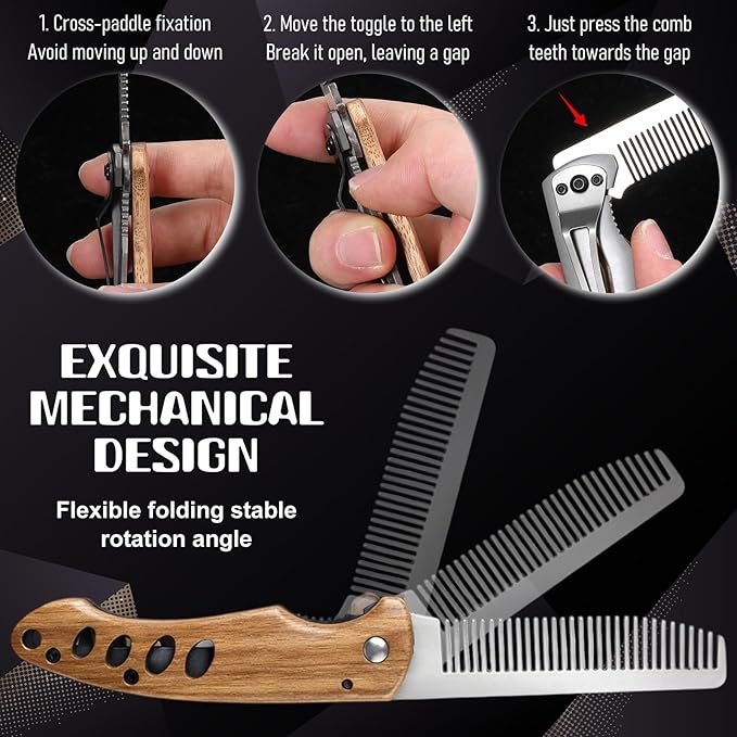 Qianyu Stainless Steel Folding Comb Small Folding Pocket Beard Metal Grooming Tool with Wooden Handle Portable Multifunction Hair Comb Mustache Combs Fits In Keychain for Men Outdoor Travel Home Use