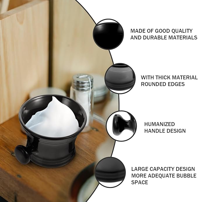 Unomor Ceramic Shaving Cream Foaming Bowl with Handle Black Men’s Shaving Soap Bowl Practical Foaming Container for Home and Salon Use