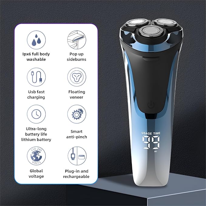 Electric Razor for Men - 4D Rotary Shaver with Pop-up Trimmer, IPX6 Waterproof Wet & Dry Mens Face Shaver, 1-Hour Fast Charge, LED Display, Cordless Grooming Kit for Travel & Home