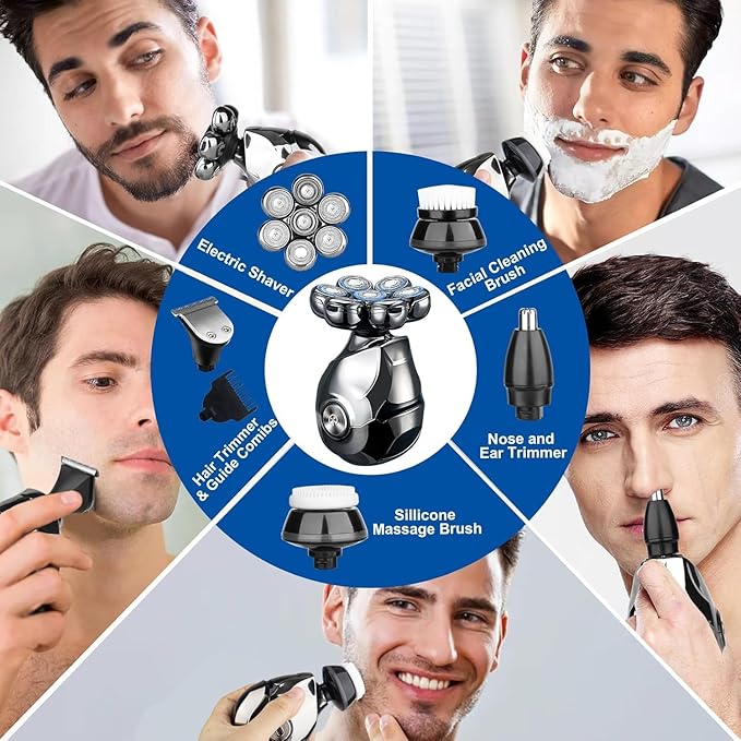 Electric Shaver for Bald Men, 6 in 1 Floating Head Razor with Nose Hair, Sideburns Trimmer, Face Brush, Upgrade 7D Electric Razor for Men with Type-C Charger, LED Display & Waterproof