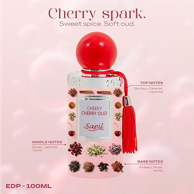Sapil Cheeky Cherry Oud Eau de Parfum – Long Lasting Unisex Floral Oud Perfume | Cherry, Jasmine & Leather Notes | Sweet Spicy Oud Fragrance | 3.4 oz / 100ml