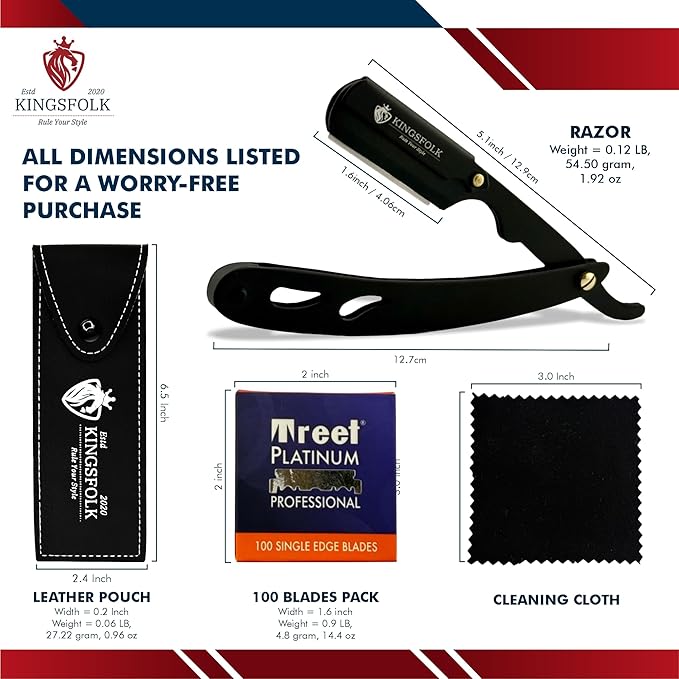Professional Straight Razor Kit, Black Stainless Steel, with 100 Platinum Blades, Leather Pouch, Cleaning Cloth, Nitrile Gloves Ergonomic Design for Barbers and Home Grooming
