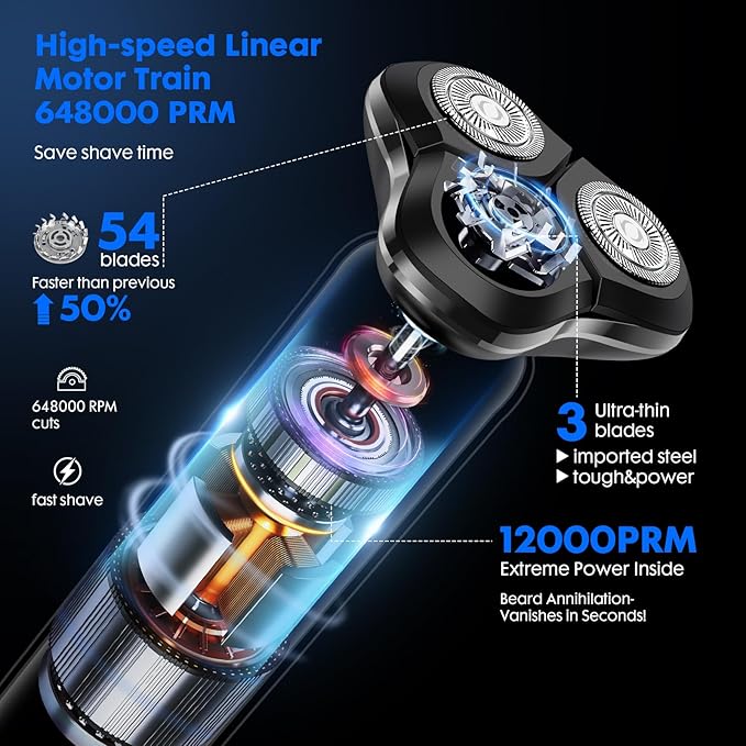 Black Electric Razor for Men with 3-Blade Rotary System, Touch Switch, LED Display, Travel Lock