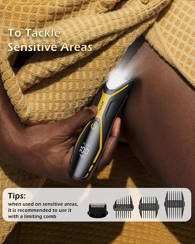 Electric Body Hair Trimmer for Men Type-C Rechargeable, Ball Pubic Trimmer Shaver Men with LED Light, Groin Body Groomer for Man, USB Recharge Dock& 1H Fast Charge, LED Display, Black+Yellow