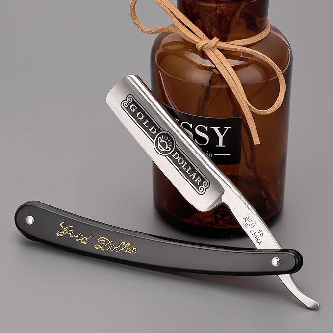 Straight Razor, Straight Edge Razor for Man Stainless Steel Manual Straight Razor, Natural Wood Scale Vintage Razor Barber Razor Men's Straight Shaving Razors (Gold Dollar-66)