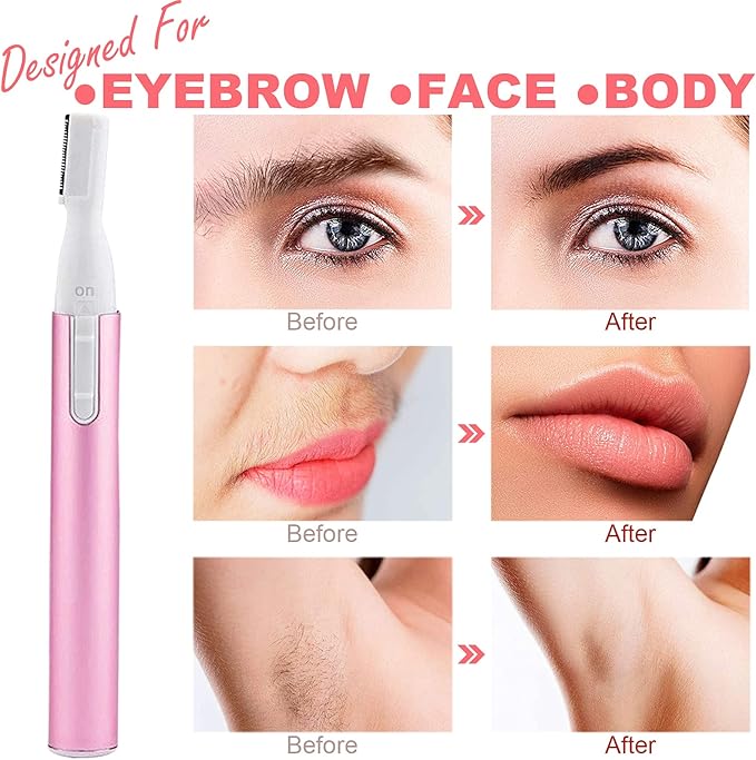 Electric Eyebrow Trimmer for Women, Facial Hair Razor Removal for Men, Mini Epilator for Bikini, Remover for Face, Chin, Peach Puzz, Lips, Body, Arms, Legs, Battery Operated (Pink)