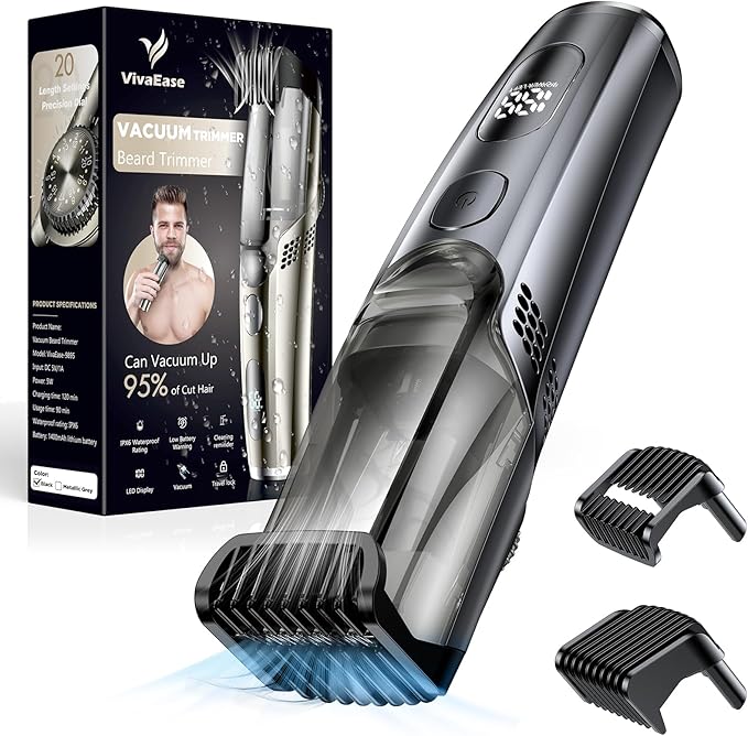 Vacuum Beard Trimmer for Men, New Version Adjustable Precision Trimming Length with 2 Comb, Electric Cordless Vacuum Trimmer for Beard, Waterproof and Rinses Easy, Blades for Skin fit, Black