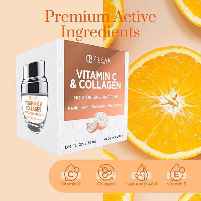 Clear Beauty Vitamin C & Collagen Face Moisturizer – Anti Aging Day Cream, Hydrates, Firms & Revives Dull, Tired Skin – Dermatologist Tested, Korean Skin Care, Vegan Clean Beauty – 1.69 Fl Oz