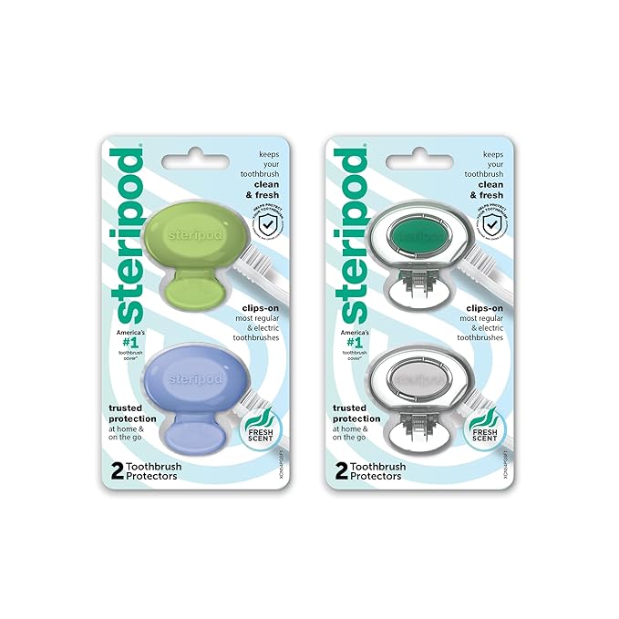 Steripod Clip-On Toothbrush Protector, Keeps Toothbrush Fresh and Clean, Fits Most Manual and Electric Toothbrushes, Blue, Green, Clear, 4 Count