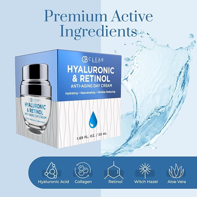Clear Beauty Hyaluronic & Retinol Face Moisturizer – Hydrating Day Cream For Dry & Mature Skin – Reduces Fine Lines, Firms & Softens Texture – Dermatologist Tested, Korean Skin Care Vegan – 1.69 Fl Oz