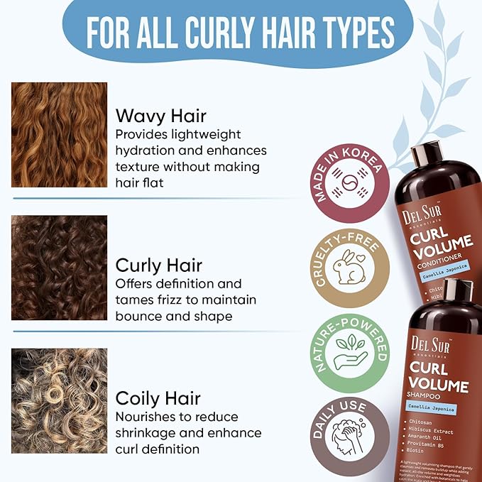 DEL SUR Curly Hair Shampoo and Conditioner Set | 16 fl oz Each | with Camellia Japonica, Hibiscus & Amaranth Oil | Curl Defining, Volume & Hydration for Curly & Wavy Hair