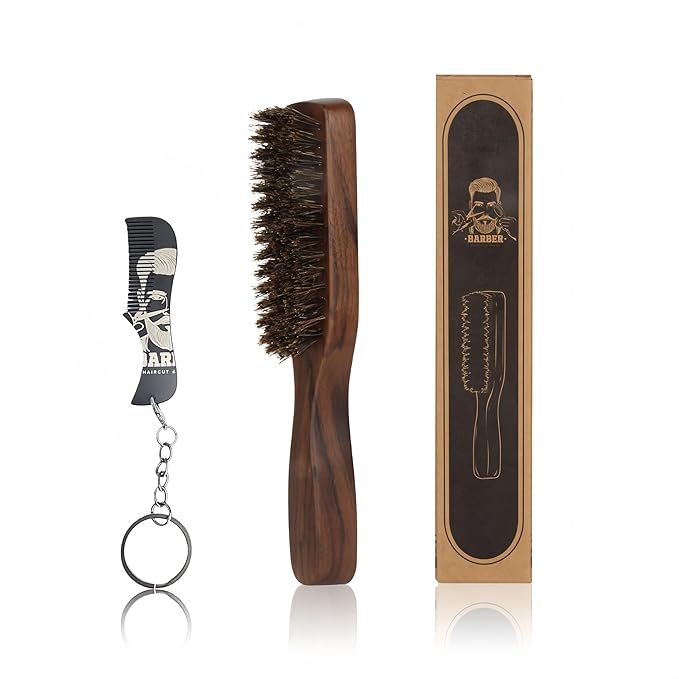 Boar Bristle Beard Brush for Men - Wooden Beard Brush and Slick Back Hair Brush with Metal Comb Keychain, Perfect for Home and Travel Use - Regular